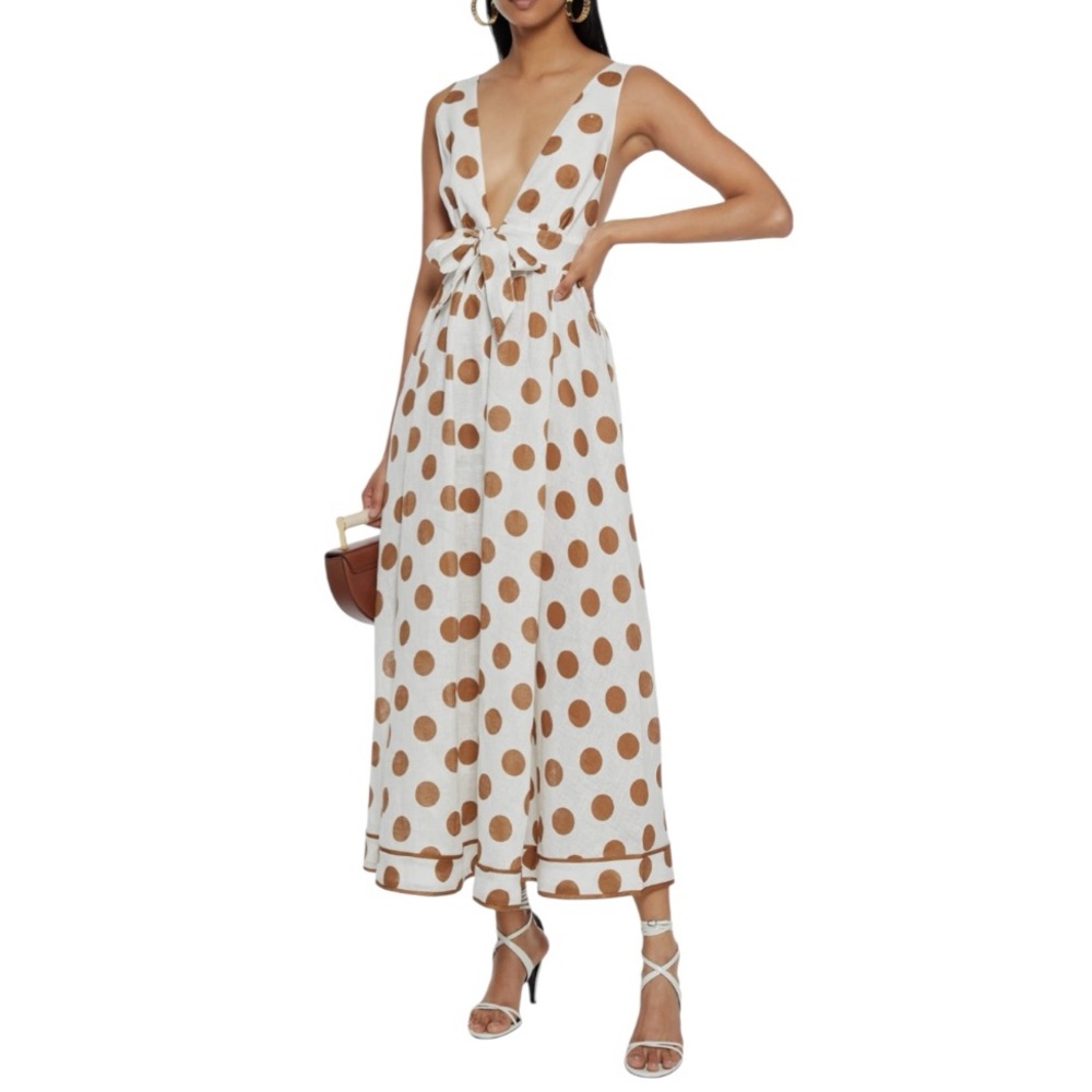 NWT Zimmerman Empire Tie Front Long Dress in Tan Dot Size 0